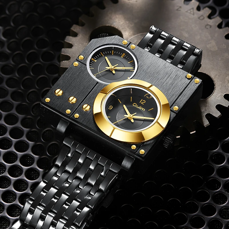 Gold Luxury Big Szie Stop Watch For Men Oulm Top Brand Two Time Zone Wristwatch Male Quartz Clock Mens Watches Relogio Masculino