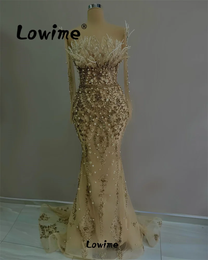 

Lowime Custom Made Long Sleeve Champagne Arabic Evening Dresses Mermaid Beaded Aso Ebi Formal Women Party Prom Dress For Wedding