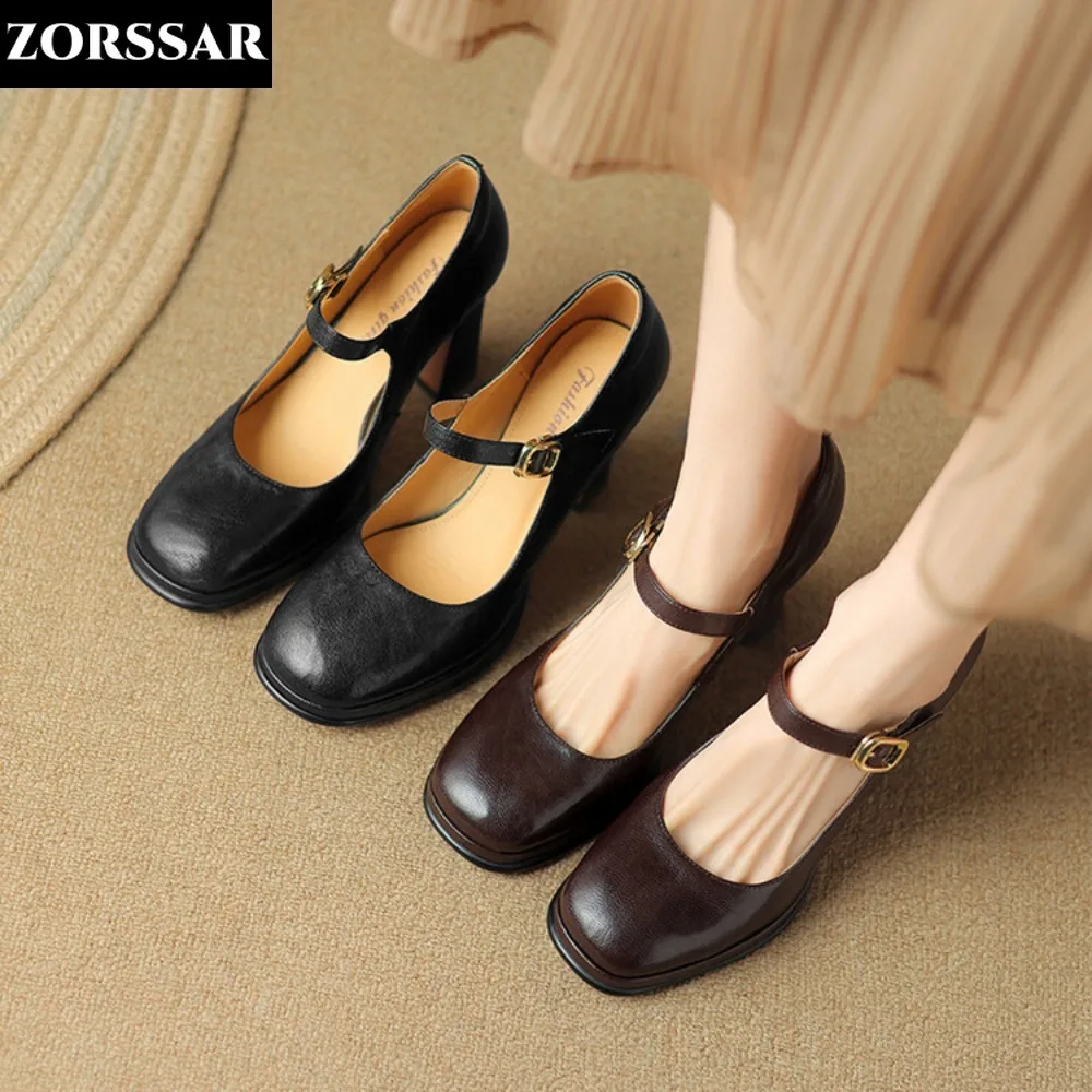 

Mary Janes Vintage Brown Sandals Woman Bucket Non-Slip Casual High Heels Office Ladies Solid Elegant Heels Korean 2024 Spring
