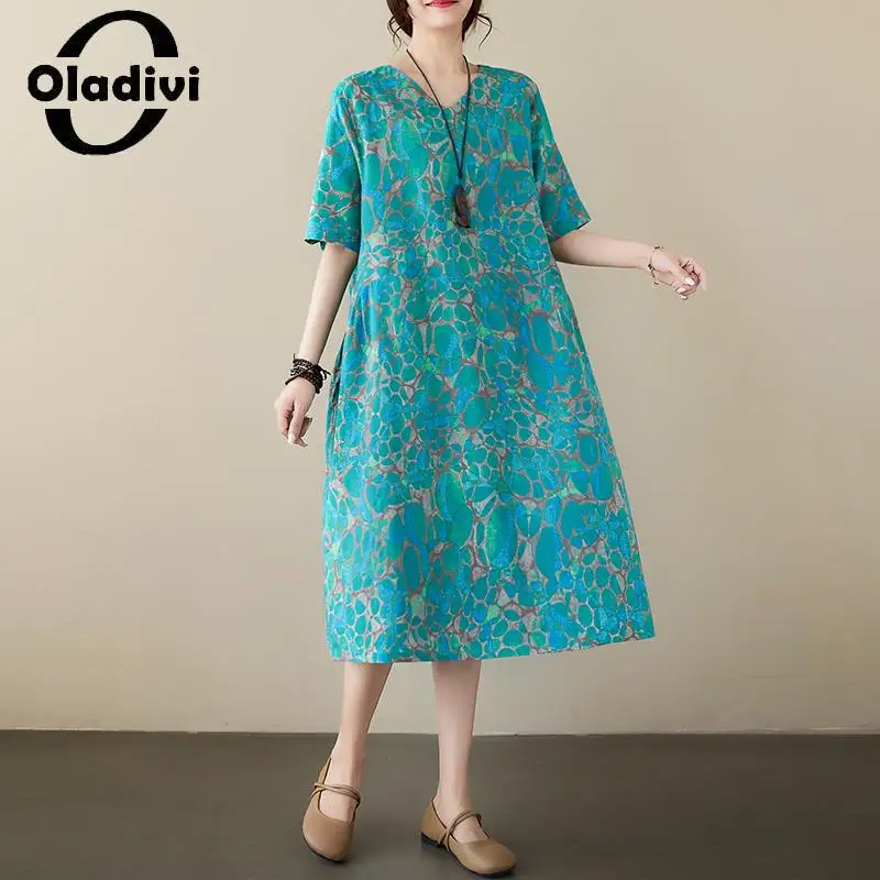 

Oladivi Large Size Women Casual Loose Fashion Printed Cotton Linen Dress 2023 Summer New Oversized Dresses Female Tunic Robe 153