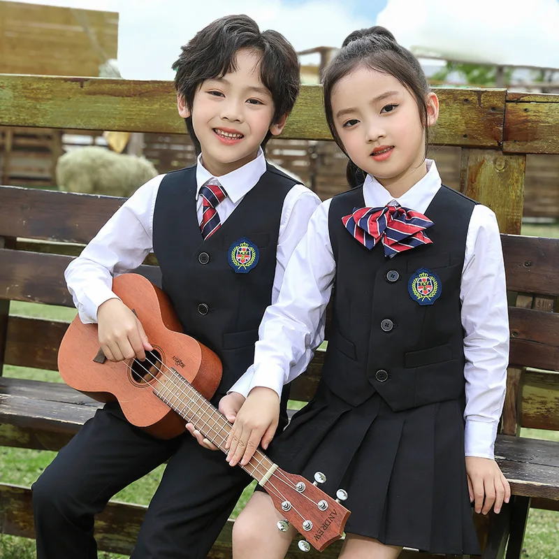 Kid Korean Japanese School Uniform for Boy Girl White Shirt Navy Skirt Pants Waistcoat Vest Tie Clothes Set Student Outfit Suit japanese school uniform