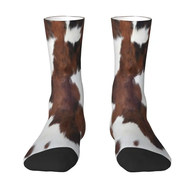 

Funny Mens Spotted Brown Farm Animal Skin Dress Socks Unisex Breathbale Warm 3D Printed Cowhide Leather Texture Crew Socks