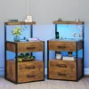 Nightstands Set of 2 , 3 Drawers Night Stands with Charging Station, Rustic Brown Bedside Tables with Storage Shelves, 1