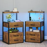 Nightstands Set of 2 , 3 Drawers Night Stands with Charging Station, Rustic Brown Bedside Tables with Storage Shelves, 1