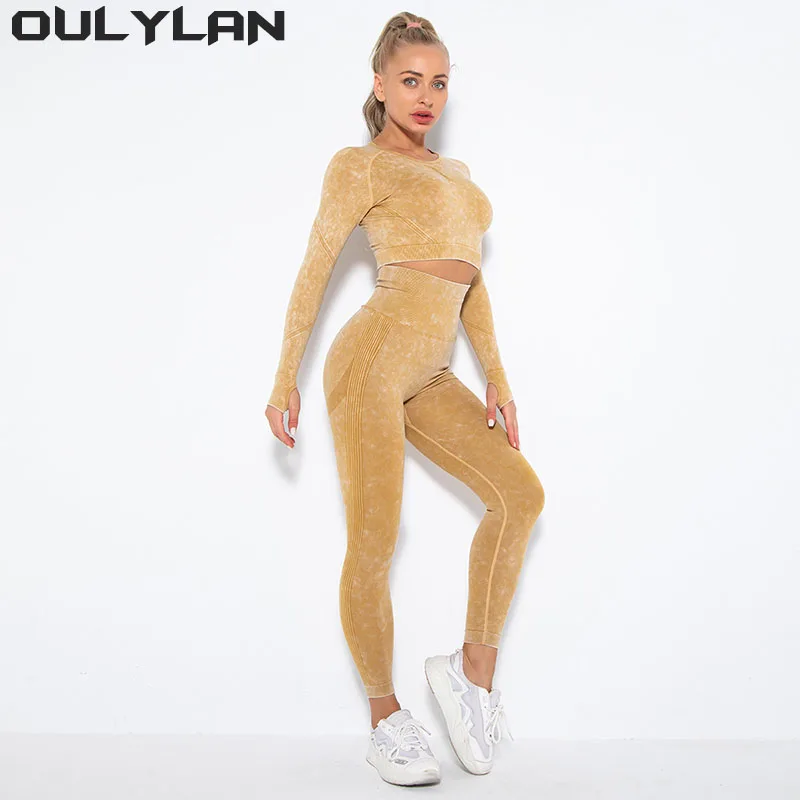 

Oulylan Yoga Set Fitness Sports Suits Running Leggings Workout Pan Seamless Gym Clothing Long Sleeve Crop Top Shirts High Waist