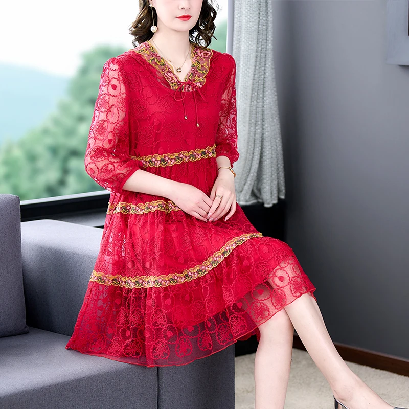 

2023 Spring and Summer New Red Embroidery Hooded Dress V-neck Mesh Splice Fashionable Slim Mid-length Dress