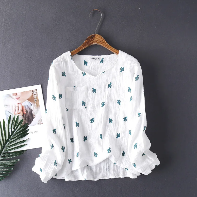 Women's Cotton Pyjamas Water-washed Crepe Yarn Short-sleeved Long Pants Sleepwear Home Suit 2-piece Set women pajamas set cotton pajamas set