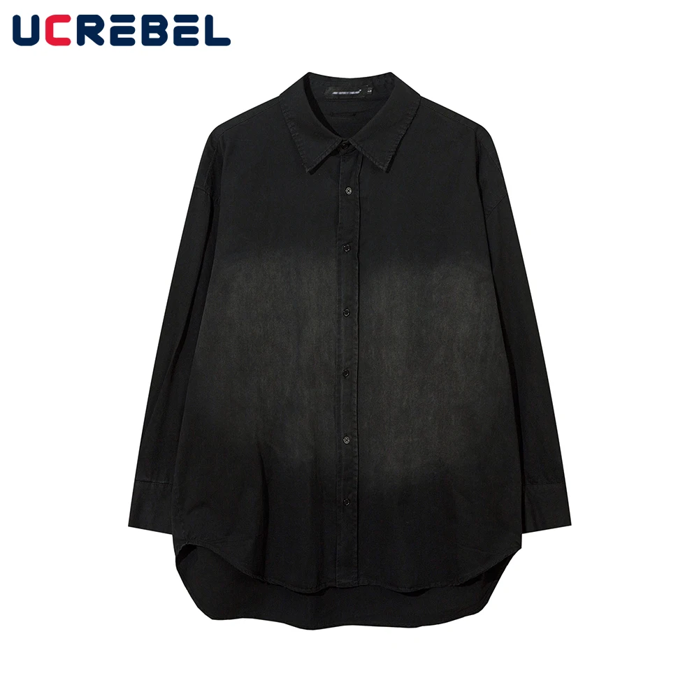 

Streetwear Distressed Lapel Shirt Mens Autumn Loose Drop Shoulder Casual Curved Hem Long Sleeve Shirts Men