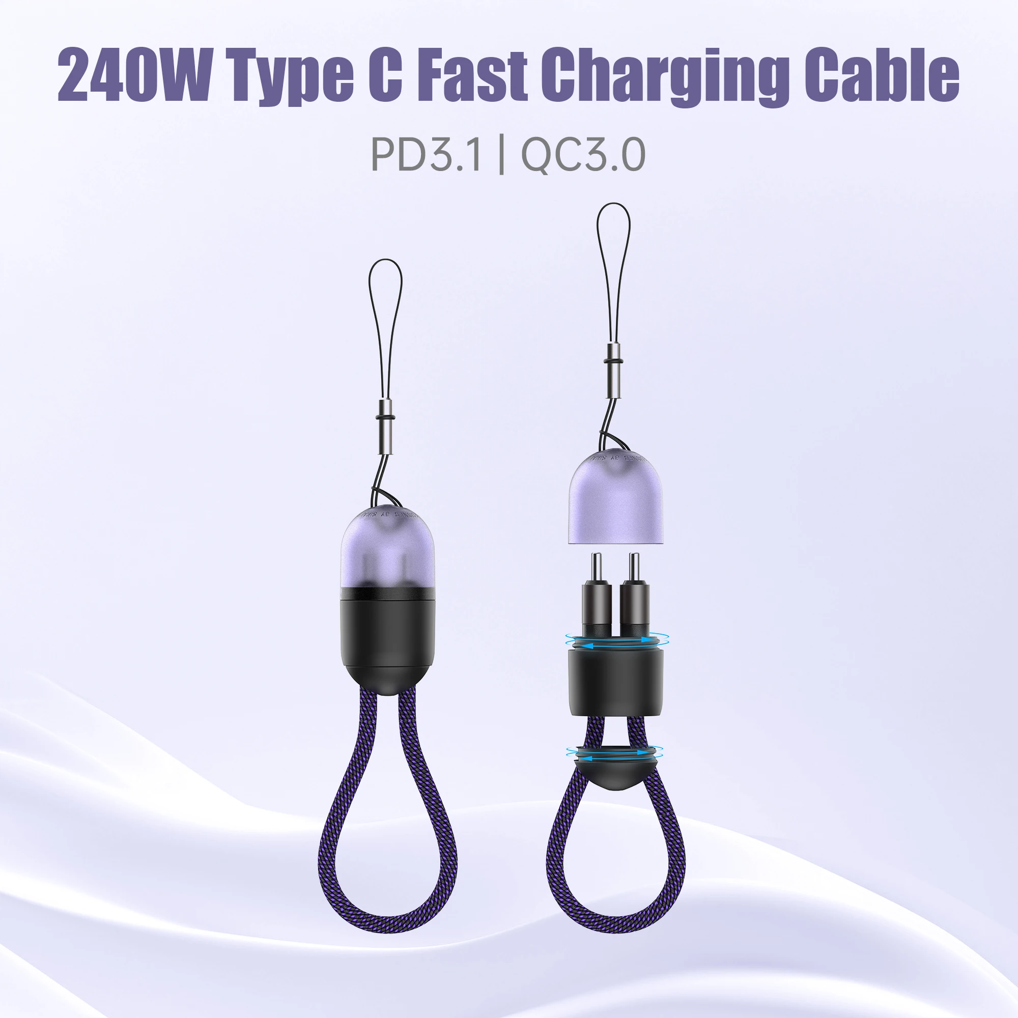 High-Speed 240W PD Fast Charging Type-C to Type-C Keychain Lanyard Cable - 20cm USB-C Data Transfer Cord