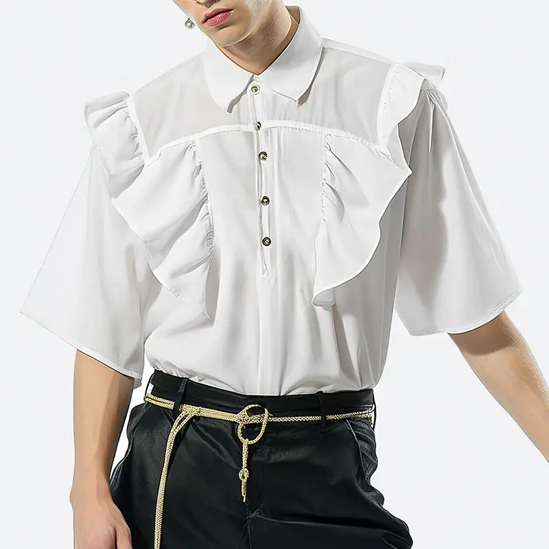 Description Picture 4 of item2024 Men's Shirt Lapel Short Sleeve Solid Color Ruffle Loose Casual Men Clothing Streetwear Summer Fashion Shirts S-2XL INCERUN
