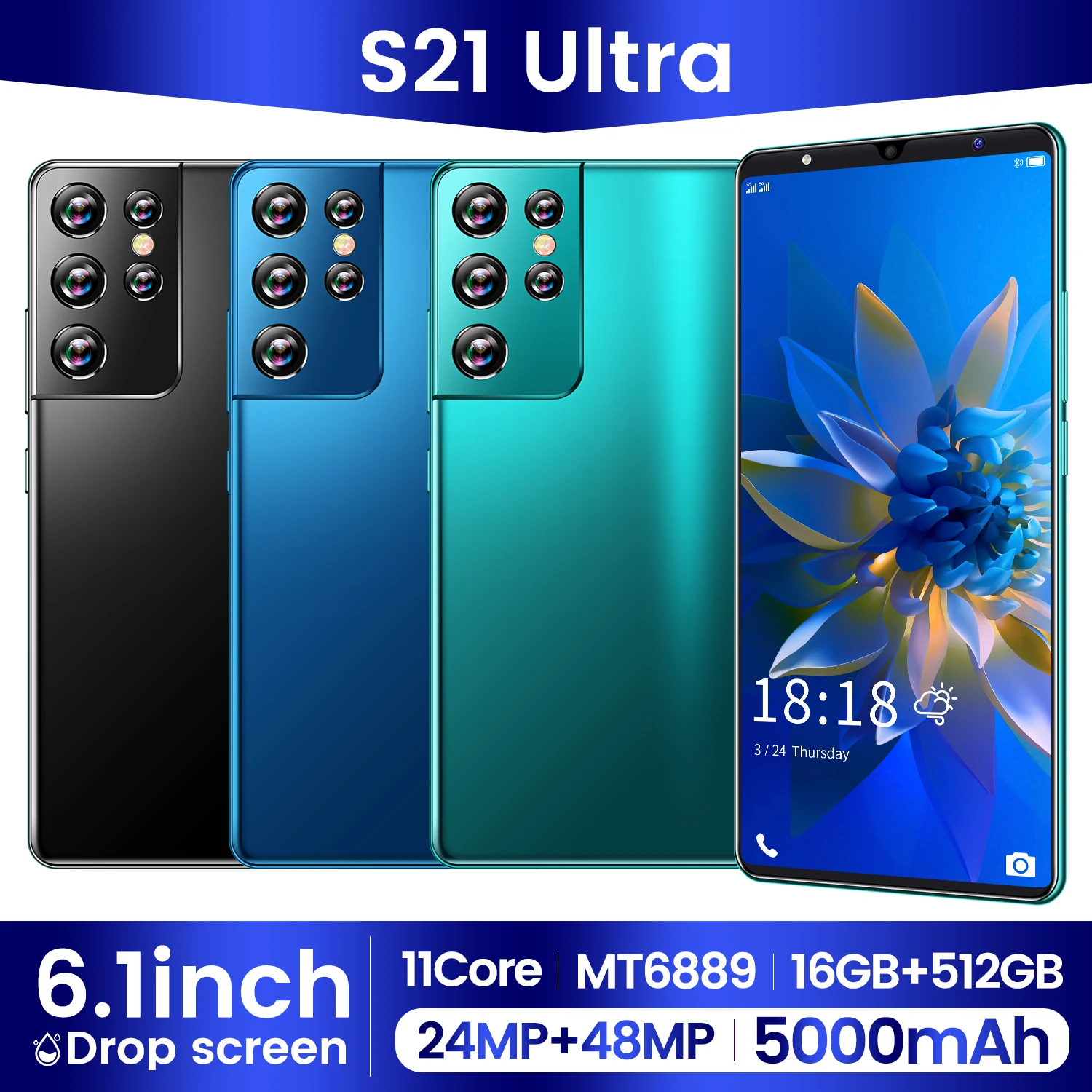 Original S21 Ultra 6.1 Inch 5G Smartphones 11-Core 16GB+512GB Cellphones 5000mAh Dual SIM Android 10 Global Version Mobile Phone |