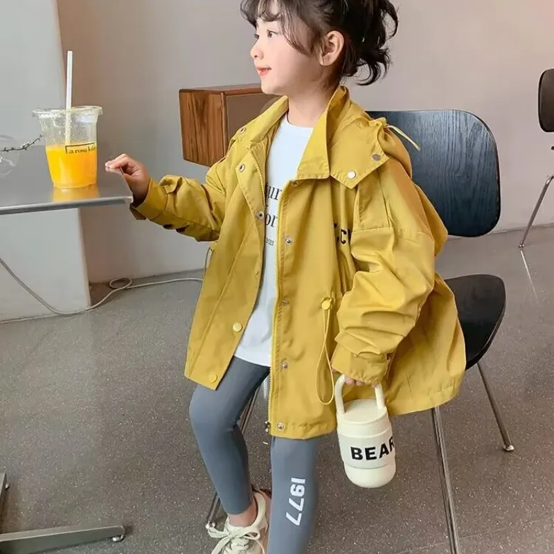 

Girls' Coat Spring and Autumn 2023 New Fashion Children's Mid length Hooded Windbreaker Baby Casual Top