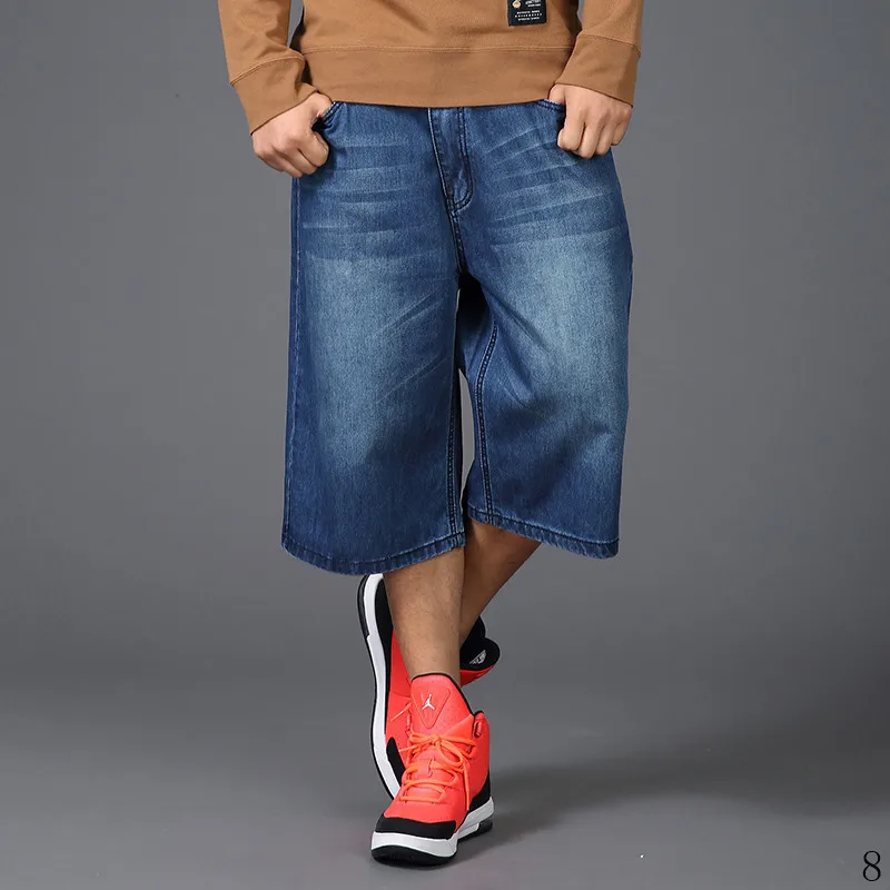 Plus Size Men's Hip-Hop Wide-Leg Jeans Summer Loose Denim Shorts Multi-pocket Baggy Denim Cropped Pants Men
