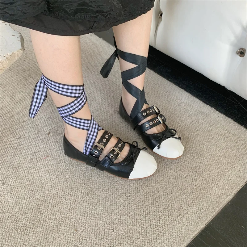 

ZOOKERLIN 2023 Summer Round Toe Belt Buckle Hollow Mixed Color Bow Mary Jane Women's Shoes Flats Casual Ballet Shoes Ankle Strap