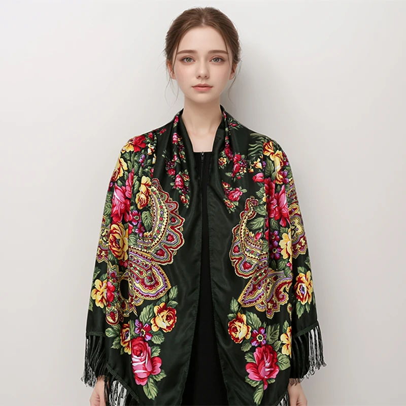 Frauen Luxus Floral Bedruckte Russische Schal Ukrainische Fransen Schals Babuschka Taschentuch Kopf Wraps Reise Schal – Detail 23