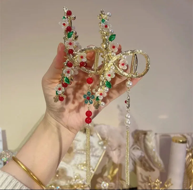 

New pearl Tassel Hair Claw China Style Retro Flower Hair Clip Barrette Alloy Hairpin Ponytail Clip Crab Hanfu ACCESSORI FOR GIRL