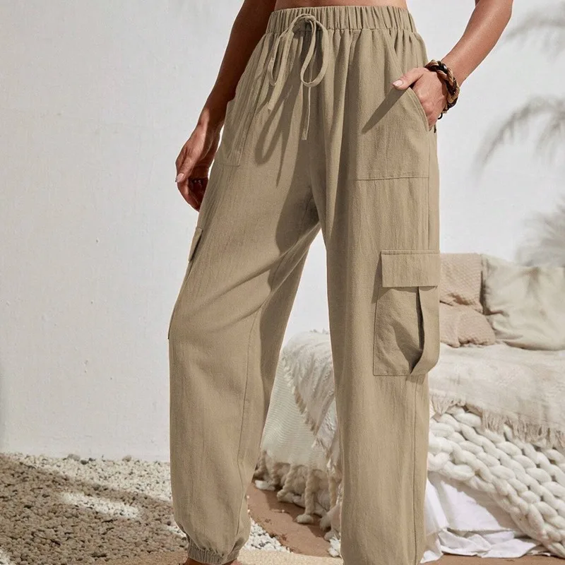 Spring Autumn Drawstring Women's High Waisted Solid Folds Shirring Pockets Casual Workwear Harlan Trousers Loose Vintage Pants