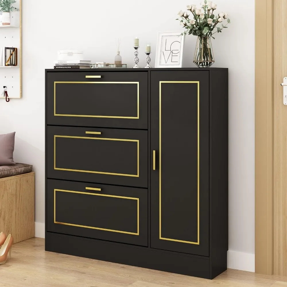 Shoe Storage Cabinet with 3 Flip Drawers & Locker, Wood Shoe Cabinet for Entryway, for Hallway Black and Gold (47.2”W x 9.5”D x 4