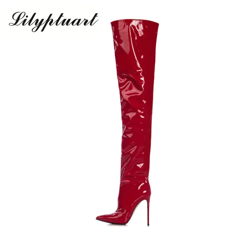 Women High Heel Boots Stiletto Over Knee Synthetic Leather Socks Slim Fit Sexy Fashion
