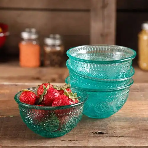 

4-Piece 13-Ounce Embossed Glass Bowl Set, Teal
