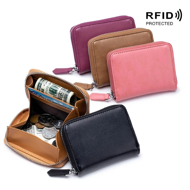 Leather Credit Card Wallet RFID Zipper Coin Purse Cash Pocket Holder for Women Men
