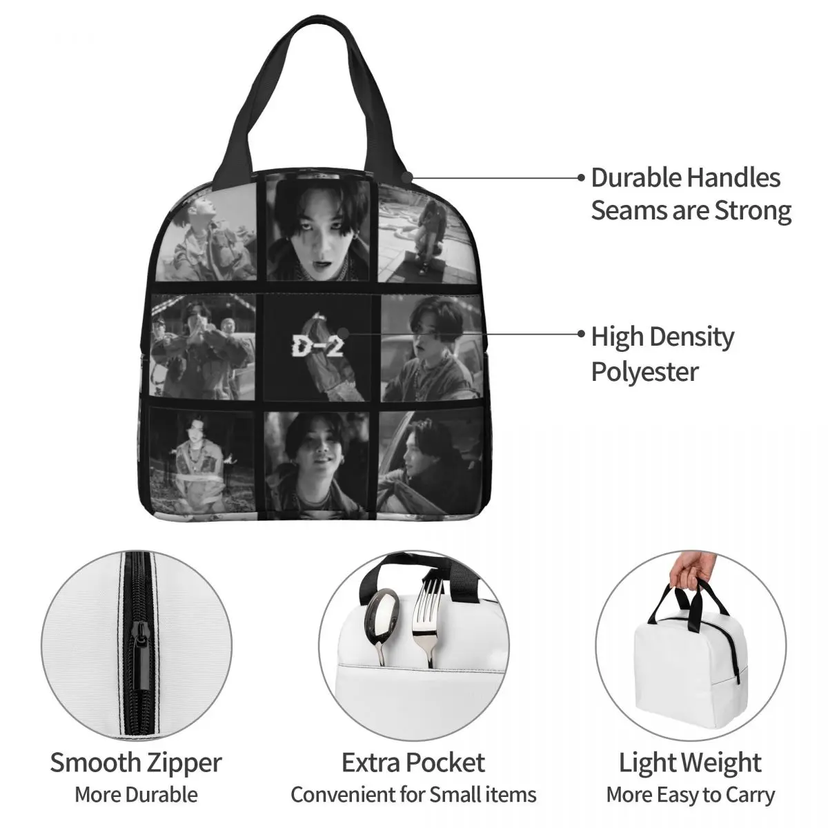 Agust D Collage Insulated Lunch Bags Cooler Bag Lunch Container Kpop Portable Tote Box Food Storage Bags Office Outdoor