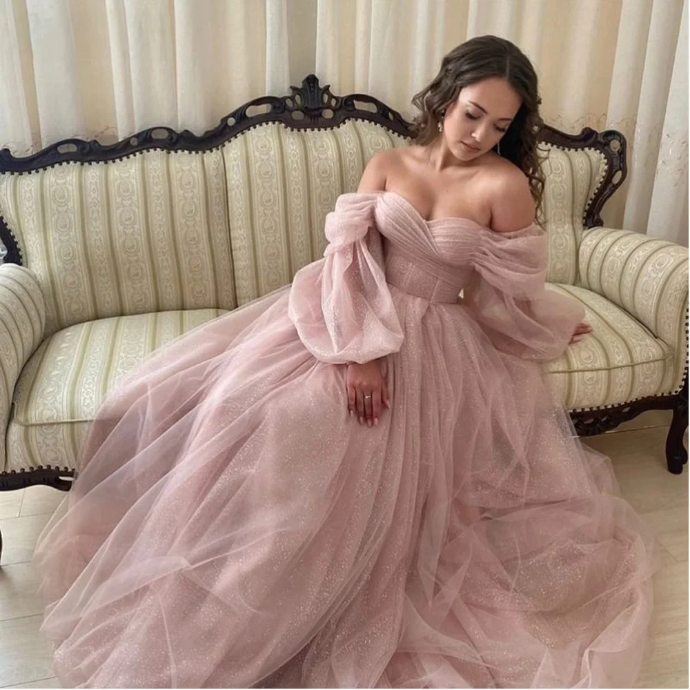 

Off the Shoulder Sweetheart Tulle Prom Dress for Women A-line Court Party Evening Gown with Ruffy Sleeves فساتين مناسبة رسمية