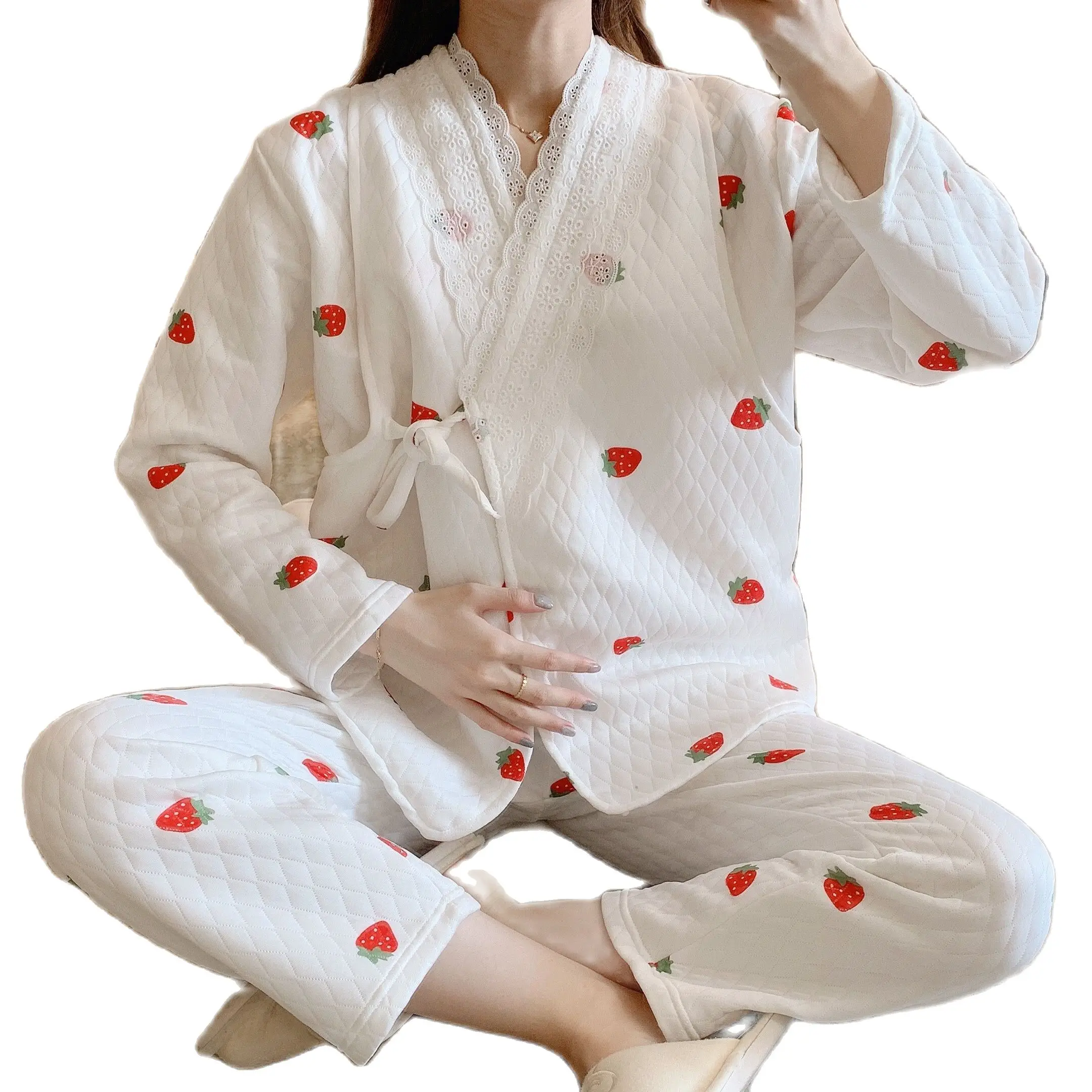 

Postpartum Woman Winter Sleep & Lounge Breastfeeding Clothes Set Nursing Kimono Jacket Long Pants Two Pieces Pajamas Suits Warm