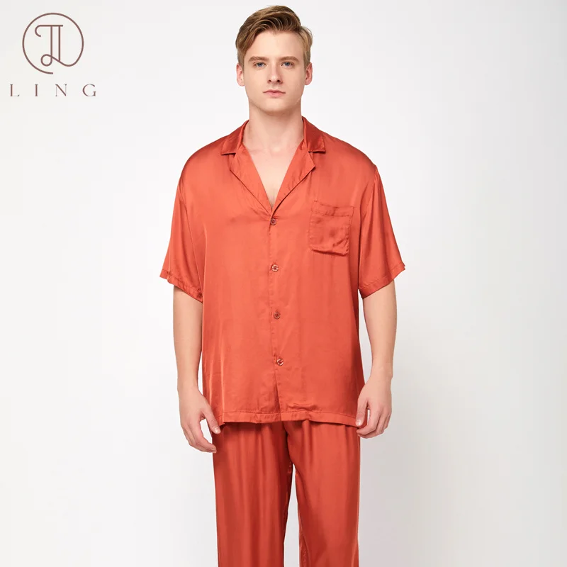 Ling Mens Pajama Sets Half Sleeve Ginger Orange Silk Satin Men's Sleep Lounge Sleepwear Elegant Two Piece Sets 100% Viscose