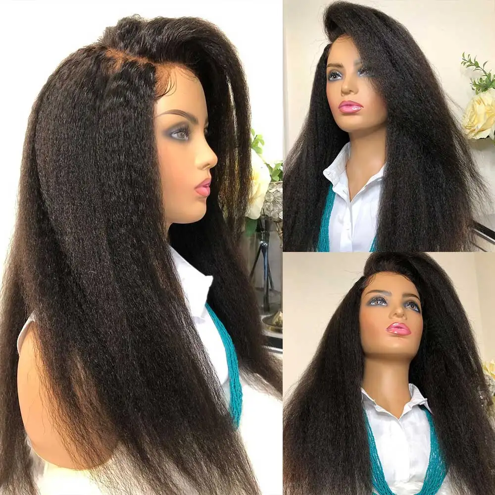 

Glueless Preplucked 26Inch Long 180%Density Natural Black Yaki Kinky Straight Lace Front Wig BabyHair Heat Temperature Daily