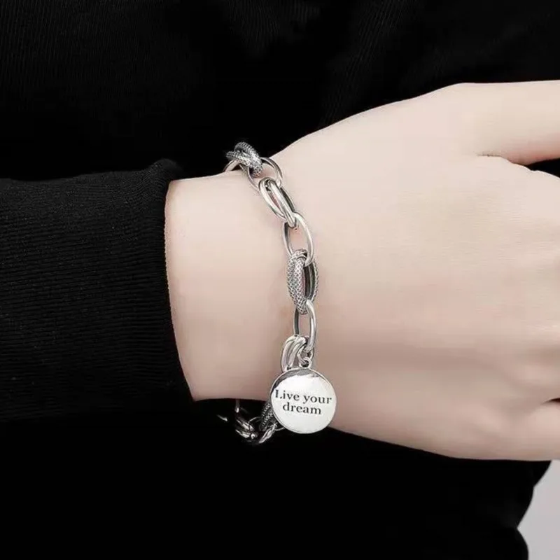 Retro Thai Silver Round Letter Pendant Bracelets for Men Women Hip Hop Thick Heart Charm Chain Party Jewelry Couple Gifts
