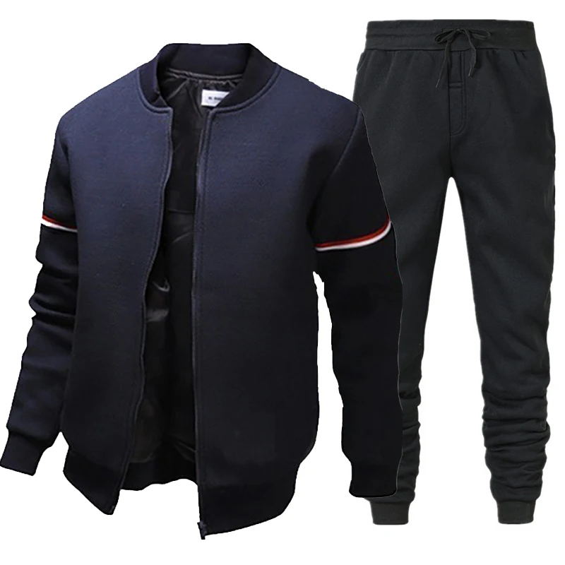 Men Casual Plaid Cardigan Set Baseball Suit Zipper Standing Collar Monochrome Jacket Spring Autumn Fashion Fitness