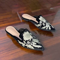 Velour Embroidery Flower Slippers Women Pointed Toe Flats Mules Elegant Ladies House Pantufa Shoes Slip On Slides Femmes Sandals - Image 4