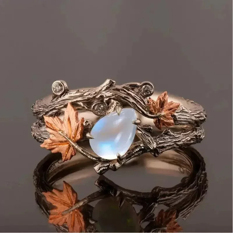 Creativity Maple Leaf Water Drop Opal Stone Rings for Women New Charm Luxury Finder Aesthetic Jewelry Wedding Anniversary Gift 1