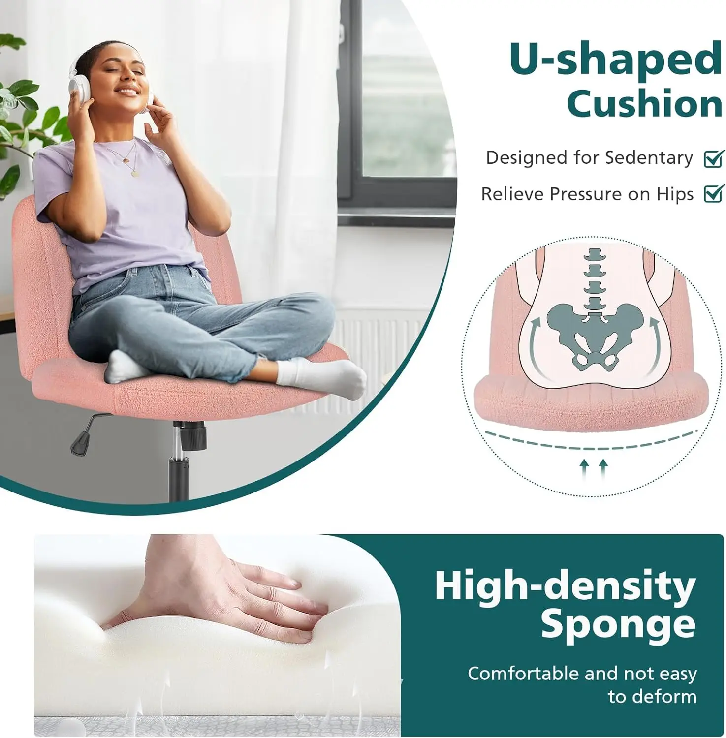 Criss Cross Chairs Legged Armless No Wheels Wide Seat Height Adjustable Swivel Rolling Padded Furry Cute Home Office Desk Seatin