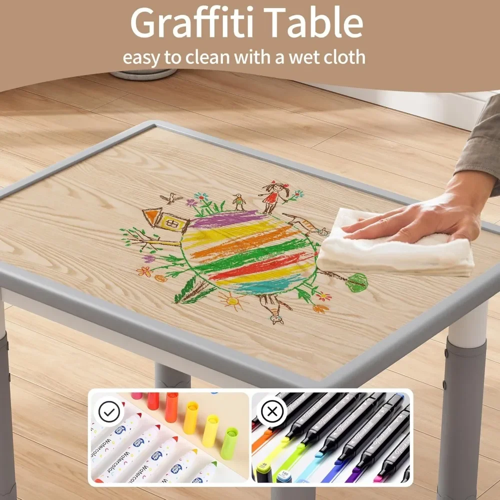 Toddler Table and 2 Chairs, Kids Table and Chair Set Height Adjustable, Multifunctional kids for Reading, Drawing, Eating
