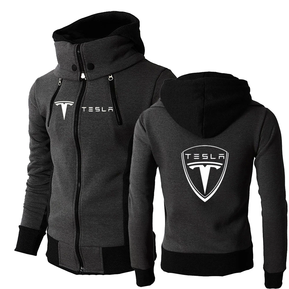 2022 Casual TESLA New Men's Zip Hoodie Sportswear Harajuku Style Hooded Popular Solid Color Men's All-match Sweater Jacket green sweatshirt