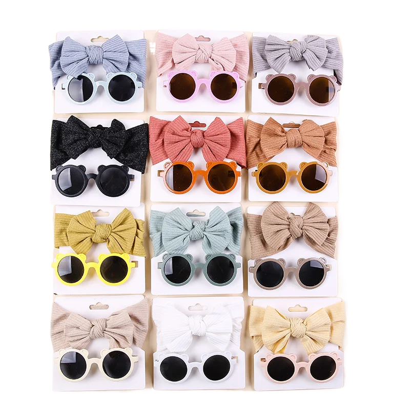 Bear Sunglasses Bow Headband Set Summer Baby Girls Hair Accessories Newborn Head Bands Children Beach Photography Props