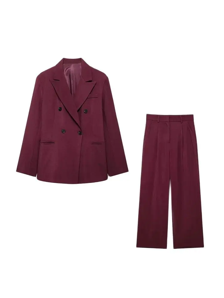TRZA-Women's Double Breasted Blazer Coat and High Waist Straight Pants, Female Two Piece Sets, Fashion