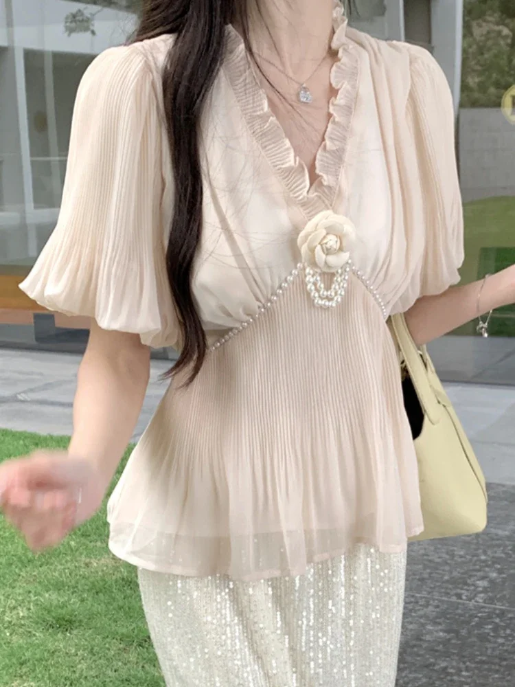 

Женская блузка с V-образным вырезом, элегантная однотонная плиссированная блузка с рукавами-фонариками, в Корейском стиле, лето 2023