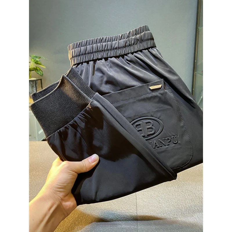 2024 Summer New Thin Ice Silk Quick-Drying Pants Men's Light Luxury Ankle Banded Slacks Slim-Fitting Long Pants