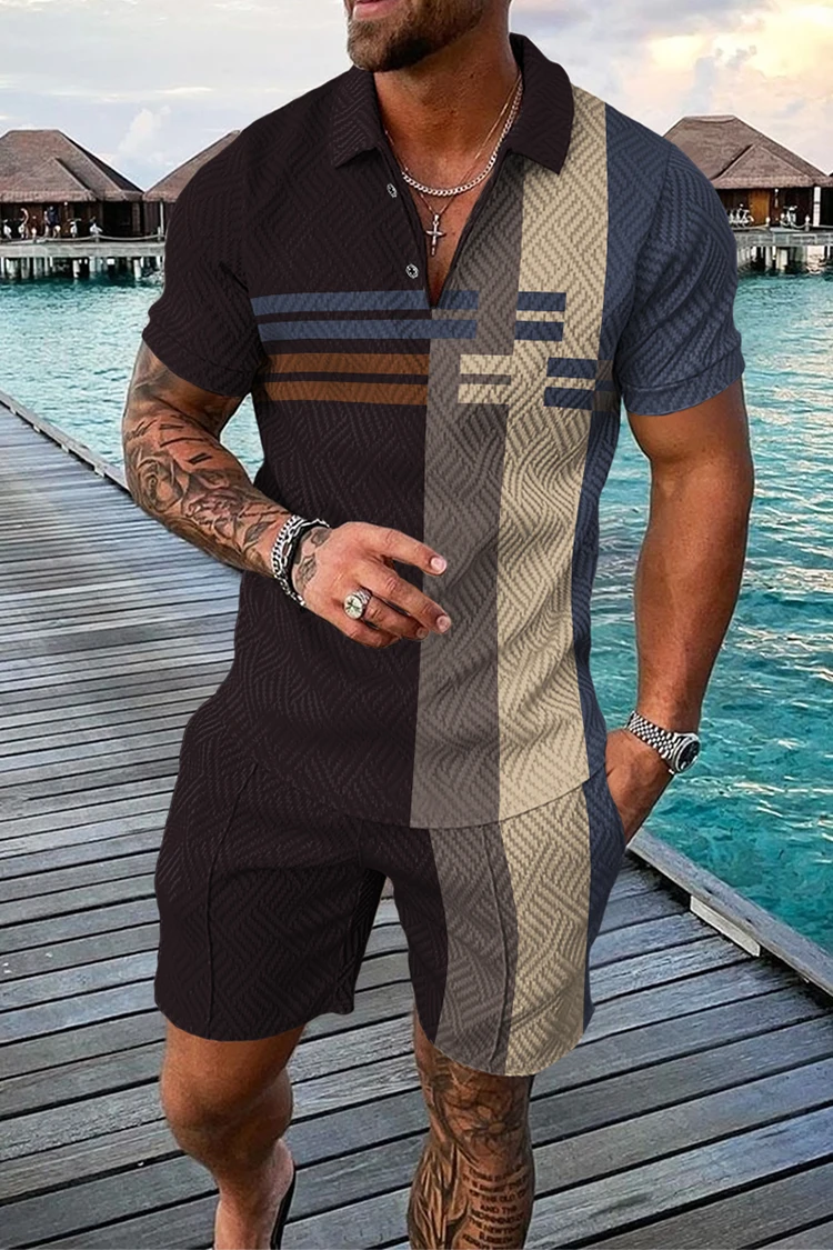 

Men Summer Polo Shirt Set 2 Pieces Hawaii Tracksuit Casual Business Suit Fashion Trun Down Collar Zipper Clothing Vintage Outfit