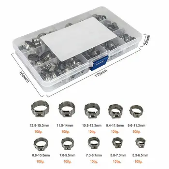 100Pcs O-Clips Single Ear Stepless Hose Pipe Clamps Stainless Steel 5.3-15.3mm hose clamp , stainless steel set
