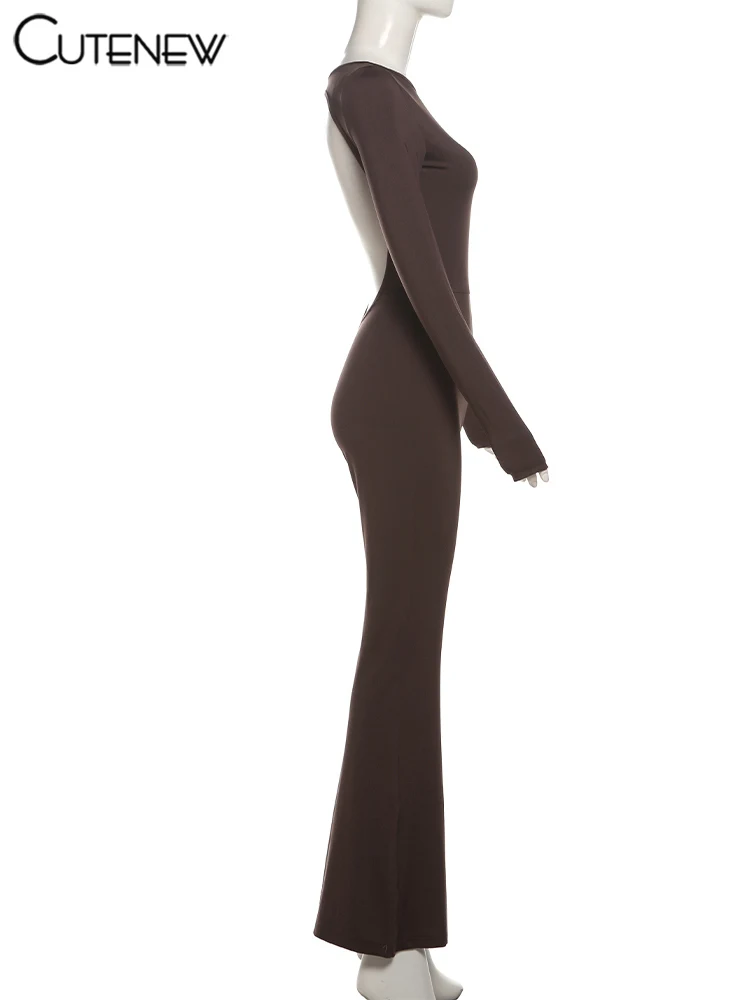 Casual Street Women Jumpsuits Trend Back Hollow Full Sleeve Stretch Skinny Flare Overalls Mujer Classic Go Out One Piece