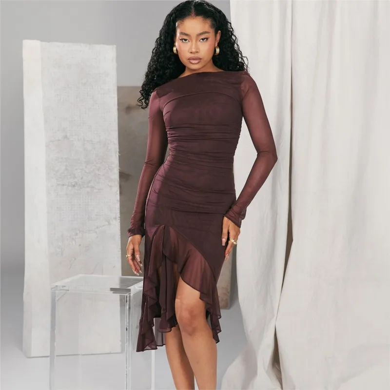 

2023 Пляжная накидка, вырезы, купальный костюм, женская новая сетчатая одежда с длинным рукавом, облегающее платье с разрезом и оборками, однотонная летняя одежда из спандекса