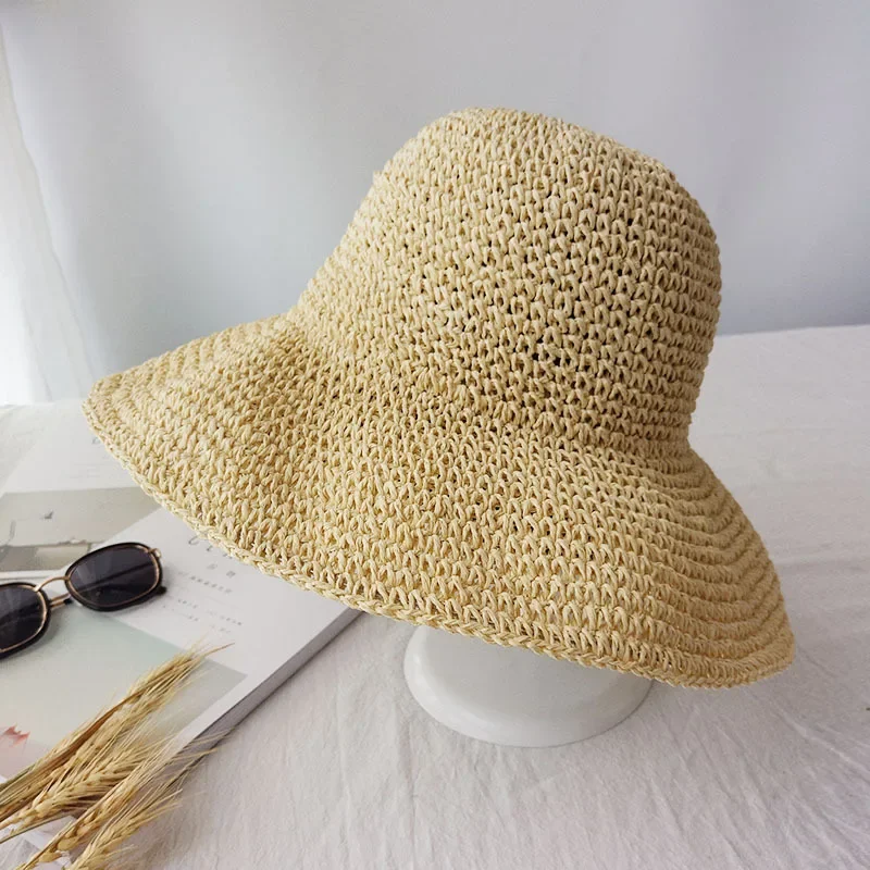 Summer Autumn Hats for Women Retro Flat Drooping Hat Brim Hand-made  Straw Hat Ladies Outdoor Sun Protection Beach Straw Hat