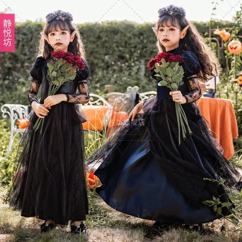 Fantasia vampiro gótico para crianças, traje infantil para meninas, dia das  bruxas, cosplay, vampiro