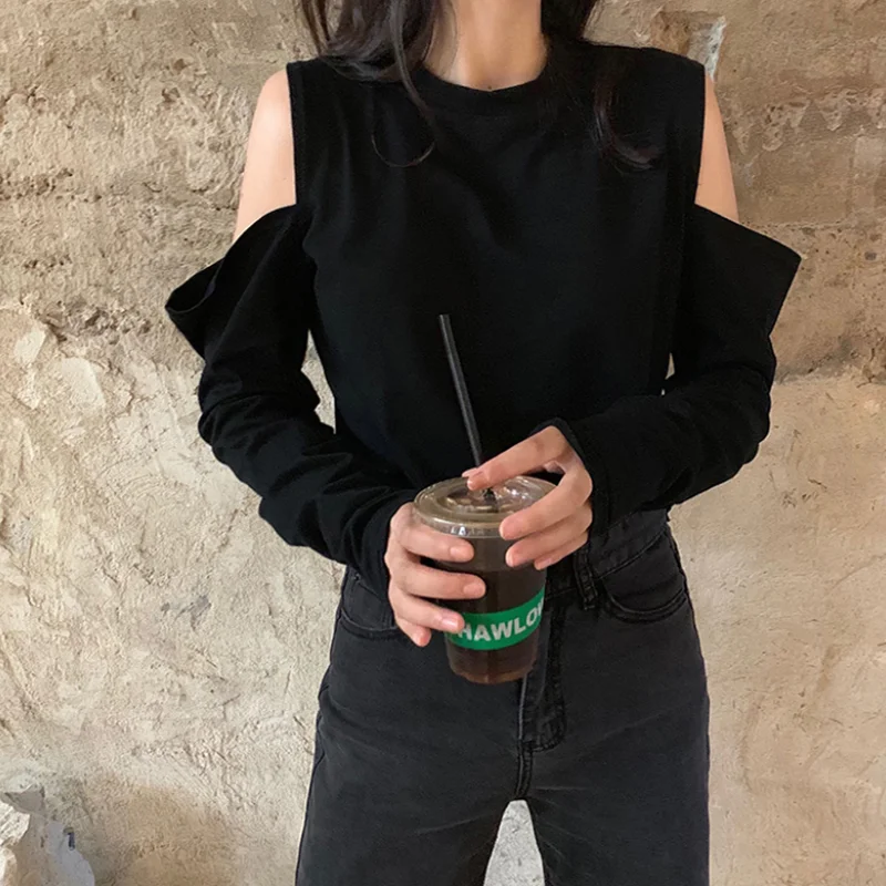 

Women's Spring Loose Long-sleeved Short Sweater Korean Style Y2k Tide Hedging Chic Off-shoulder Top Hong Kong Style Streetwear