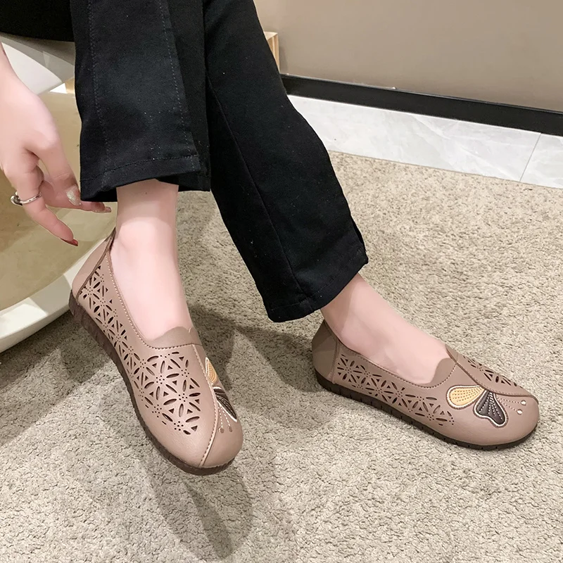 Female Handmade Leather Slip on Loafers Women Shallow Hollow Breathable Summer Flat Shoes Woman  Footwear 2023 New
