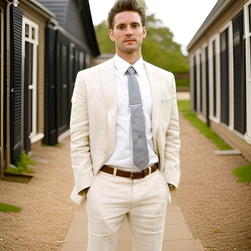 

Льняная модель 2024, облегающий смокинг для жениха на заказ, мужской деловой костюм для жениха из 2 предметов, официальный костюм, куртка с брюками